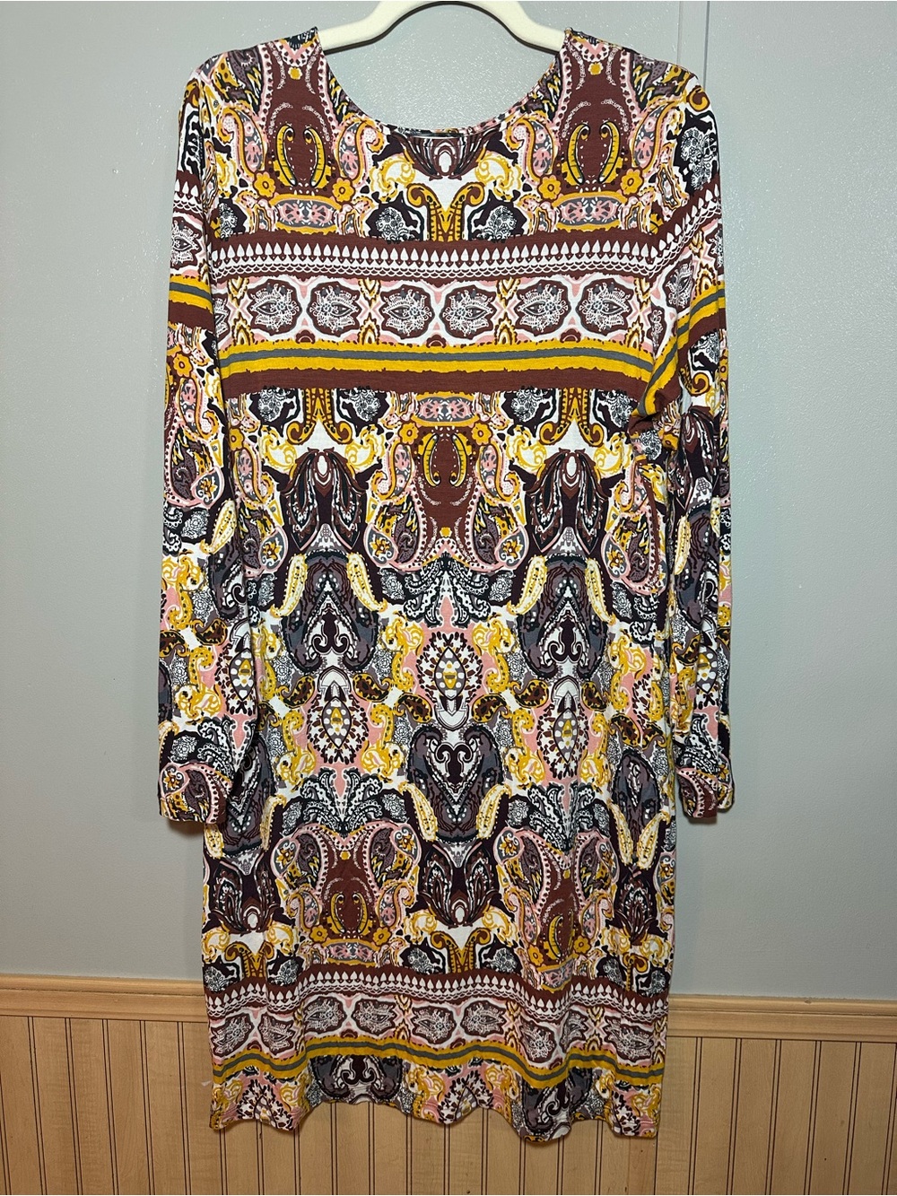 Venus Women’s Artsy Boho Print Long Sleeve Shift Dress Abstract Relaxed Indie